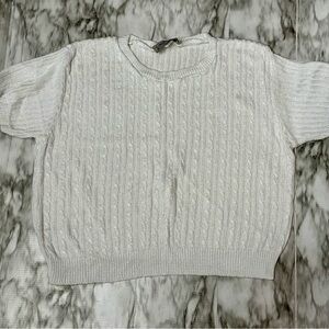 Women's White Cable Knit Sweater Vintage 90s Rayon Blend Cropped Short Sleeve